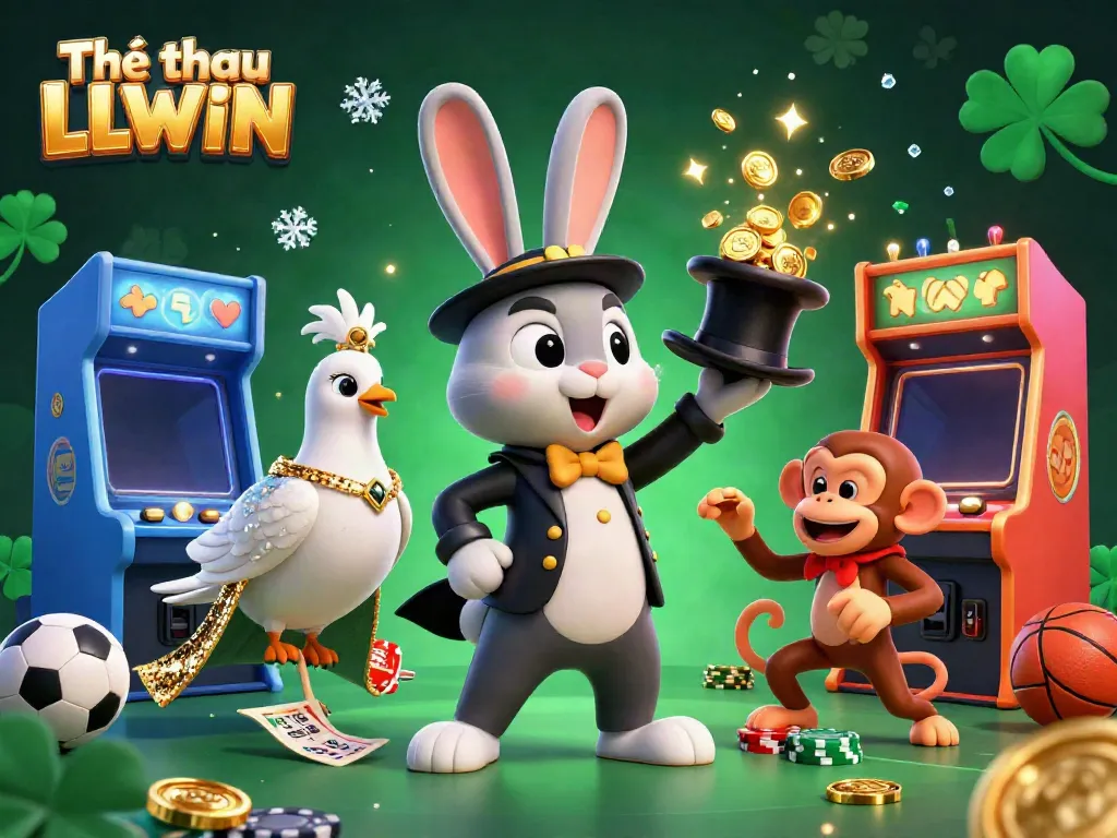 Engage with the thrilling atmosphere of Thể thao LLWIN, featuring an enchanting magician rabbit, a glamorous dove, and a playful monkey amidst colorful betting elements.