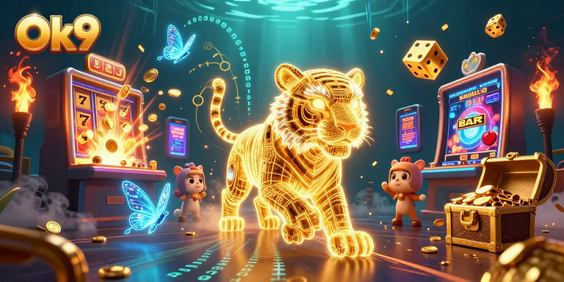 Experience the thrill of winning at Ok9's vibrant casino with a dynamic scene of a golden tiger and dazzling elements.