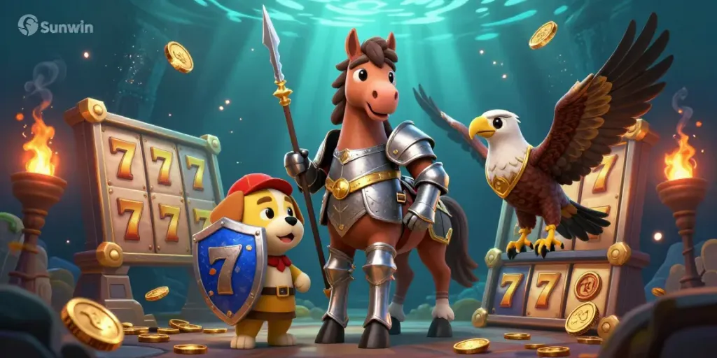 Immerse in Sunwin's gaming world with an engaging knight, squire, and falcon in a casino adventure.
