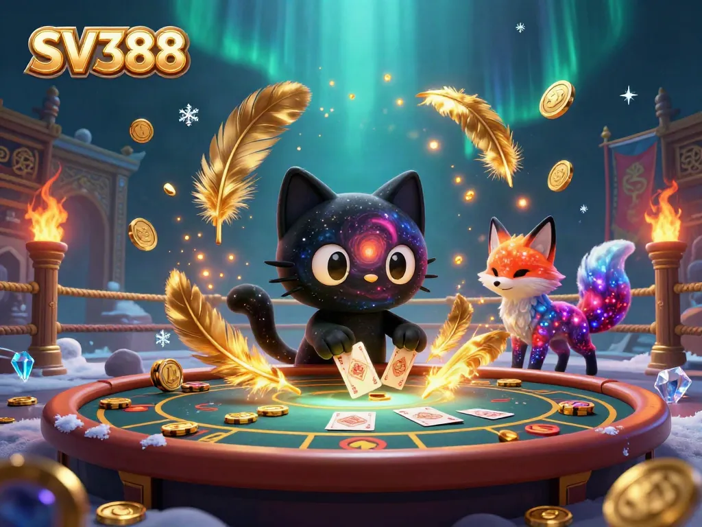 SV388 cat draws chips at a vibrant cosmic casino with colors swirling.