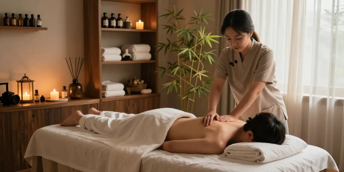 Relaxed client enjoying a 강북출장마사지 in a tranquil spa setting with calming decor and soothing light