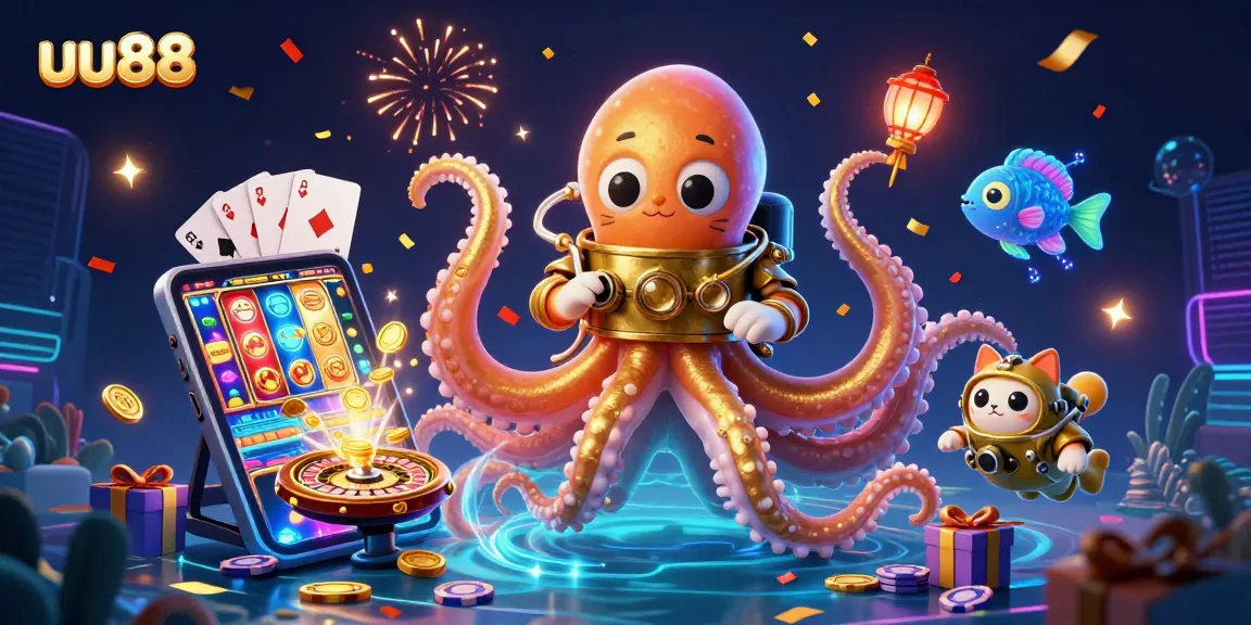 Join the action at uu88 with a mystical kraken and a diving cat celebrating big wins!