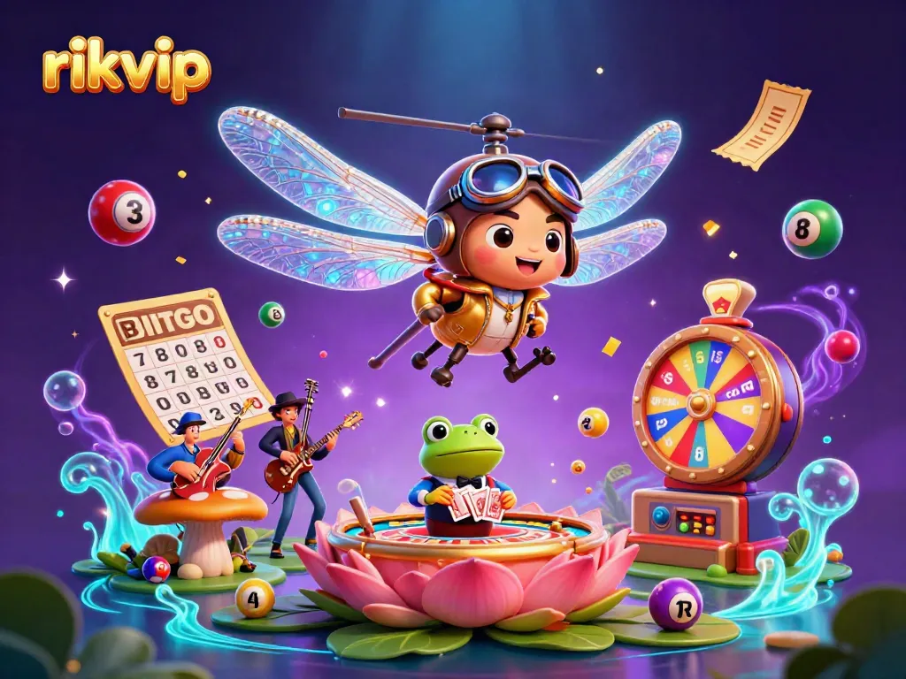 Experience the vibrant action at rikvip with a dragonfly pilot above a lily pad casino, featuring dynamic elements.