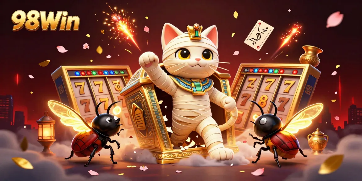 Engage with 98Win's ancient-themed casino adventure featuring a mummy cat and a scarab beetle in a dynamic scene.