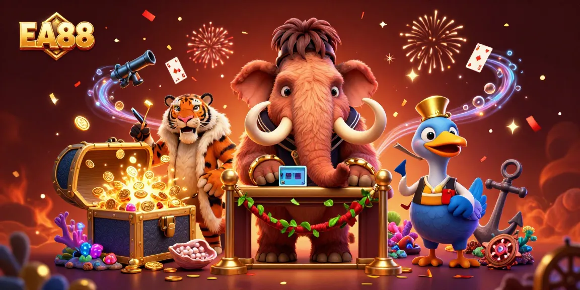 Engage in exciting gaming at EA88 with a vibrant scene featuring a woolly mammoth bouncer and additional casino motifs.