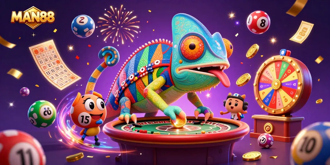 Watch the vibrant chameleon casino owner at MAN88 collect golden coins in a rich gaming atmosphere.
