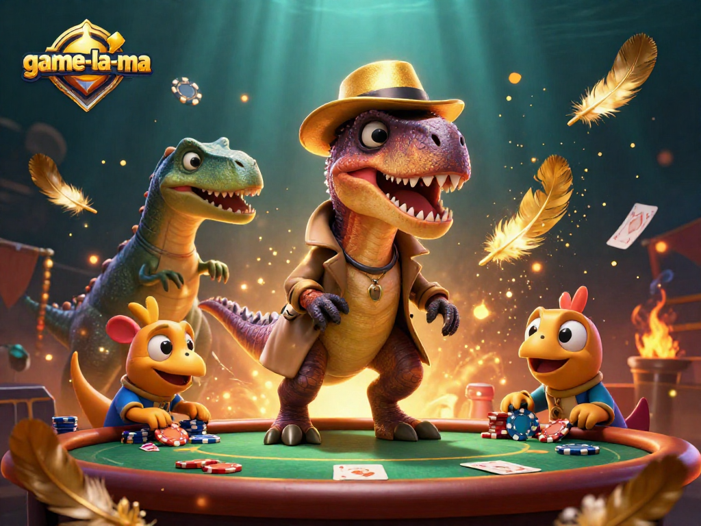 Watch the game-la-ma velociraptor card counter at the poker table in a vibrant casino-like scene.