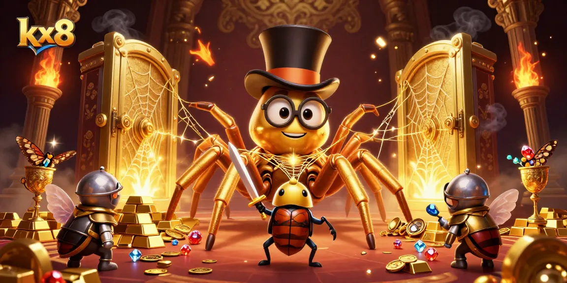 KX8 presents a vibrant casino scene with a golden tarantula and brave beetle knight amidst treasures, welcoming players to excitement.