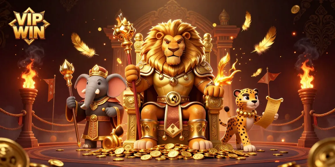 Join the action at VIP WIN with the fierce lion king on his throne adorned with gold coins.