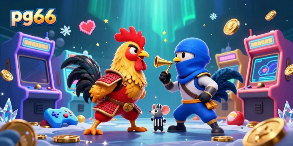 Experience the excitement of pg66 with roosters in heroic standoff amidst vibrant casino elements.