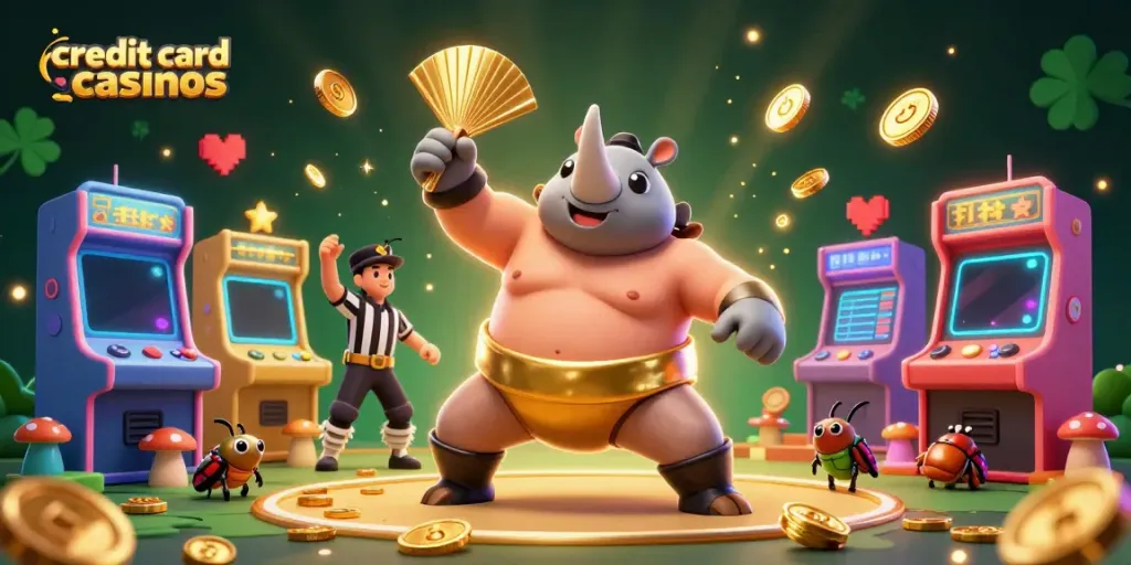 Engaging scene of credit card casinos featuring a beetle champion and arcade games.