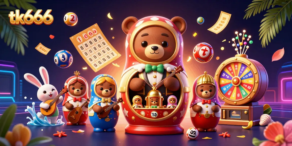 tk666 offers vibrant casino fun with a colorful 3D scene of lottery balls, dealers, and a playful environment.