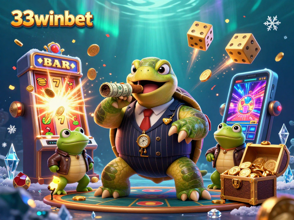 Engage in exciting gameplay with 33winbet featuring a lively turtle mobster and jackpot visuals.