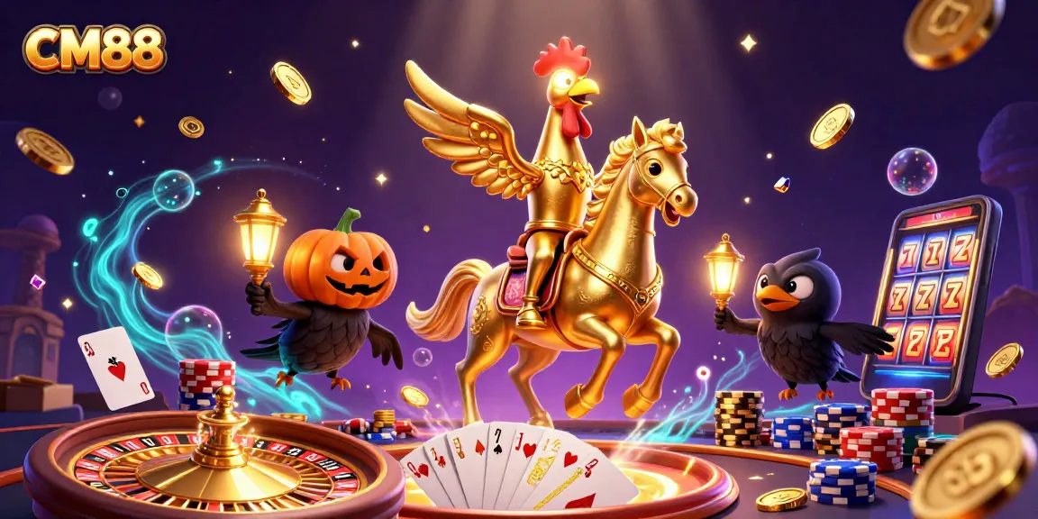 Experience thrilling gaming at CM88 with a golden rooster navigating a lively casino scene.