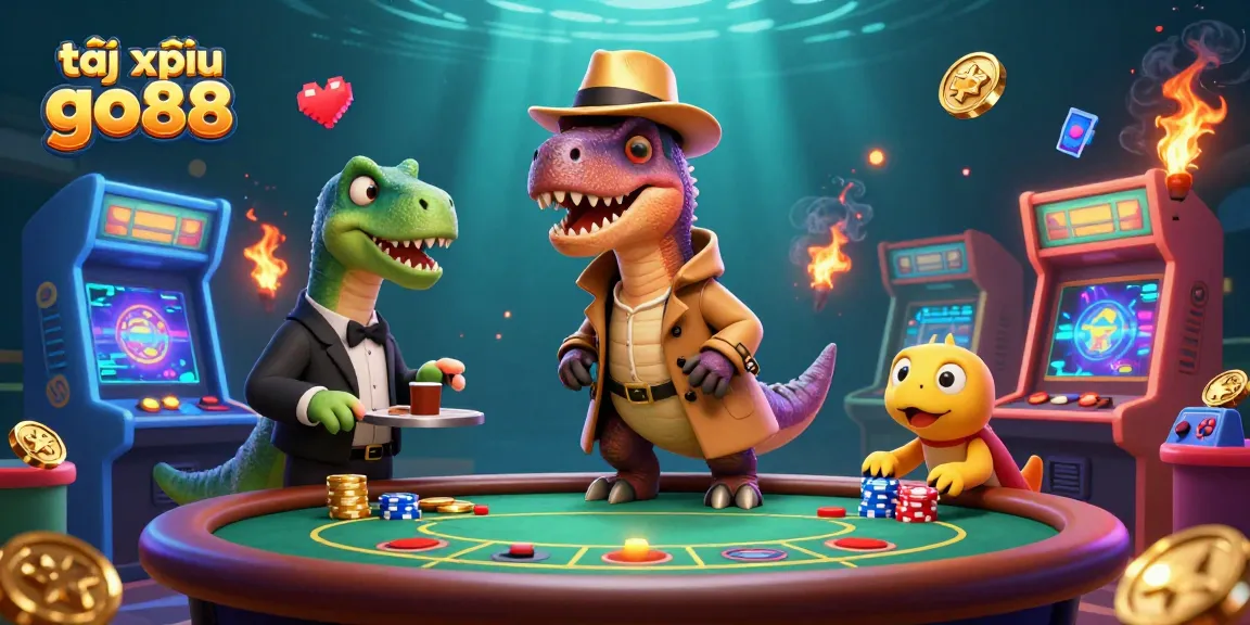 Experience the excitement of tài xỉu go88 with a lively 3D scene featuring unique dinosaur characters in a casino.