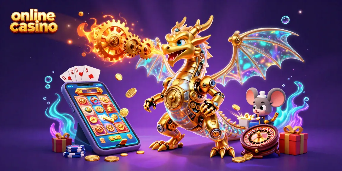 Engage with the vibrant 3D scene of an online casino featuring a golden dragon and gameplay elements.