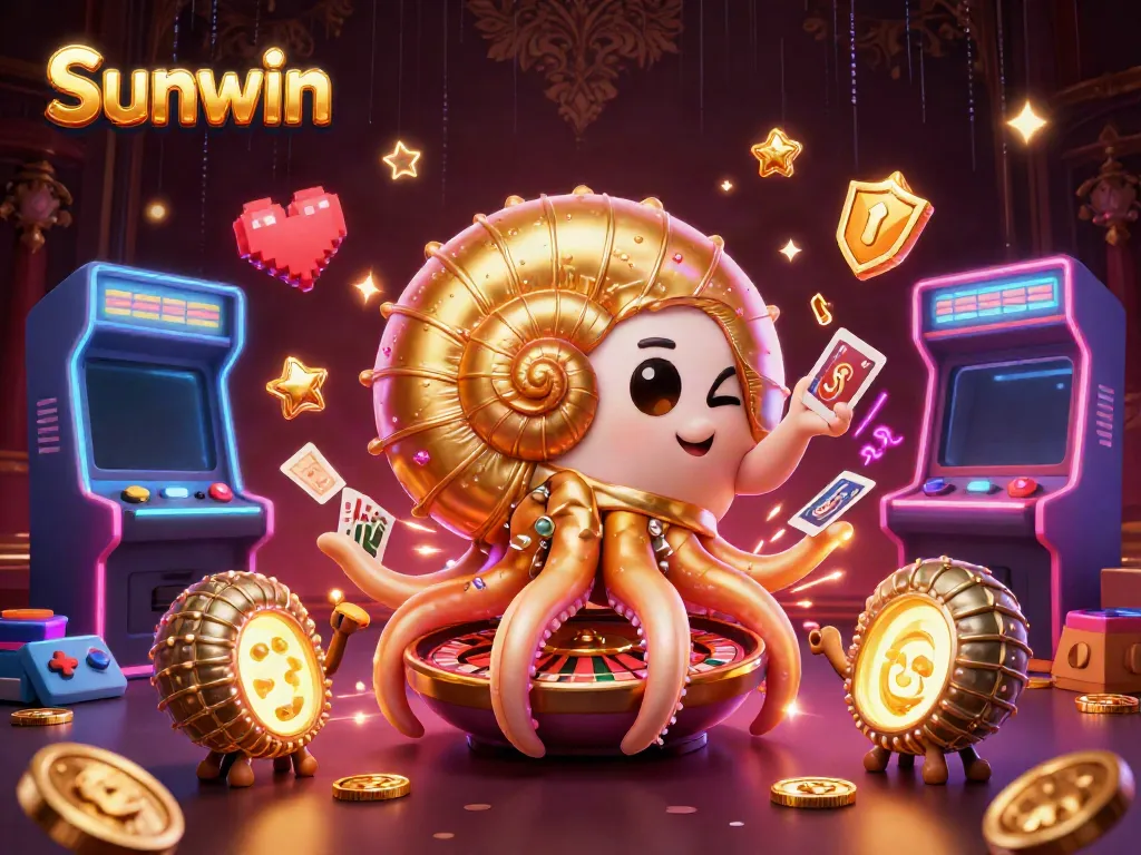 Engage in Sunwin's thrilling gaming experience with a giant nautilus roulette and vibrant arcade elements.