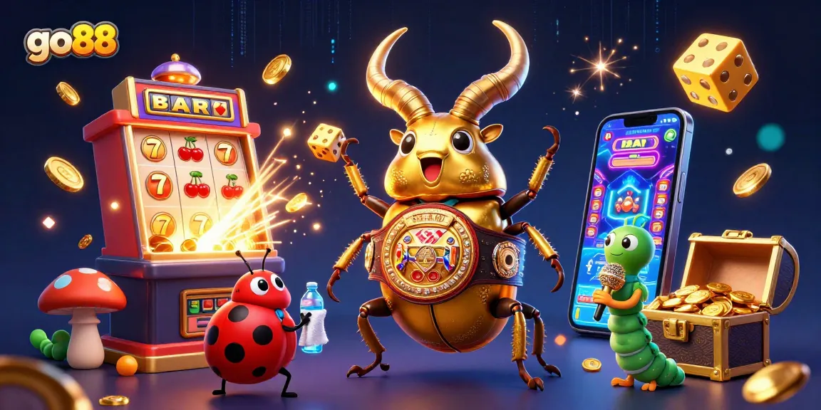 Experience excitement with go88's vibrant casino scene featuring a golden beetle and a jackpot.