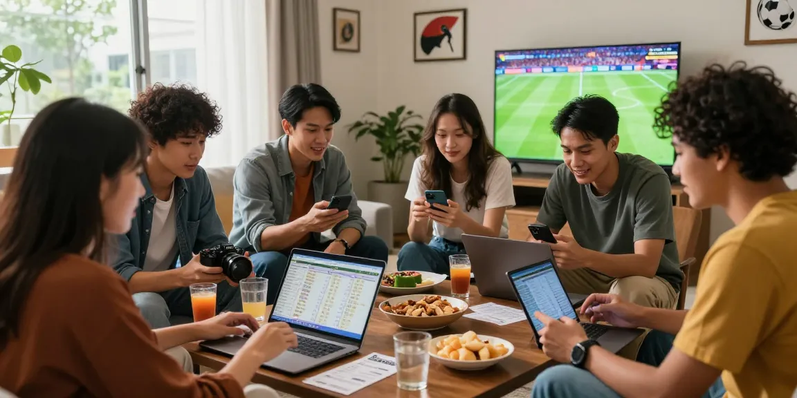 Friends enjoying taruhan mix parlay Bola88 while discussing sports in a lively living room.