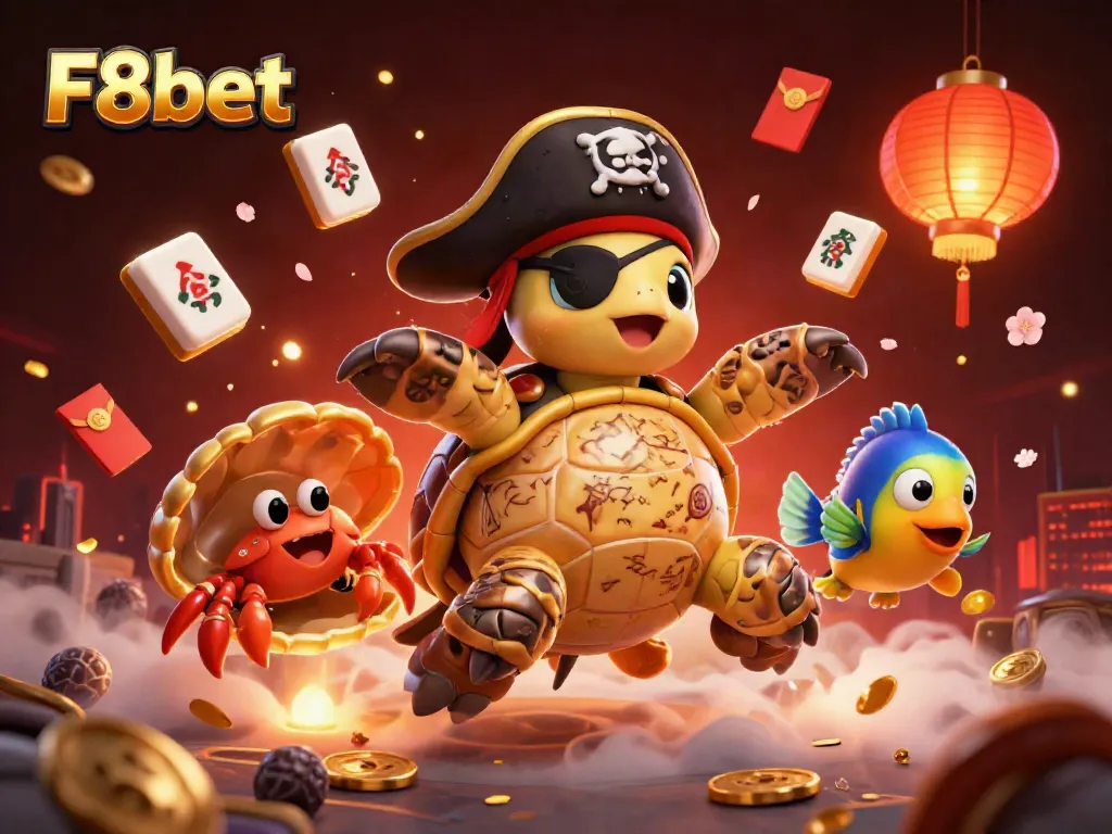Play slots and win big with F8bet's vibrant casino adventure illustration featuring characters and treasures.