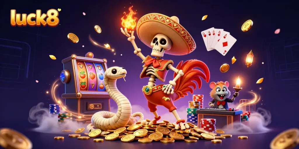 Experience vibrant luck8 casino action with animated characters celebrating amid cascading coins and slot reels.