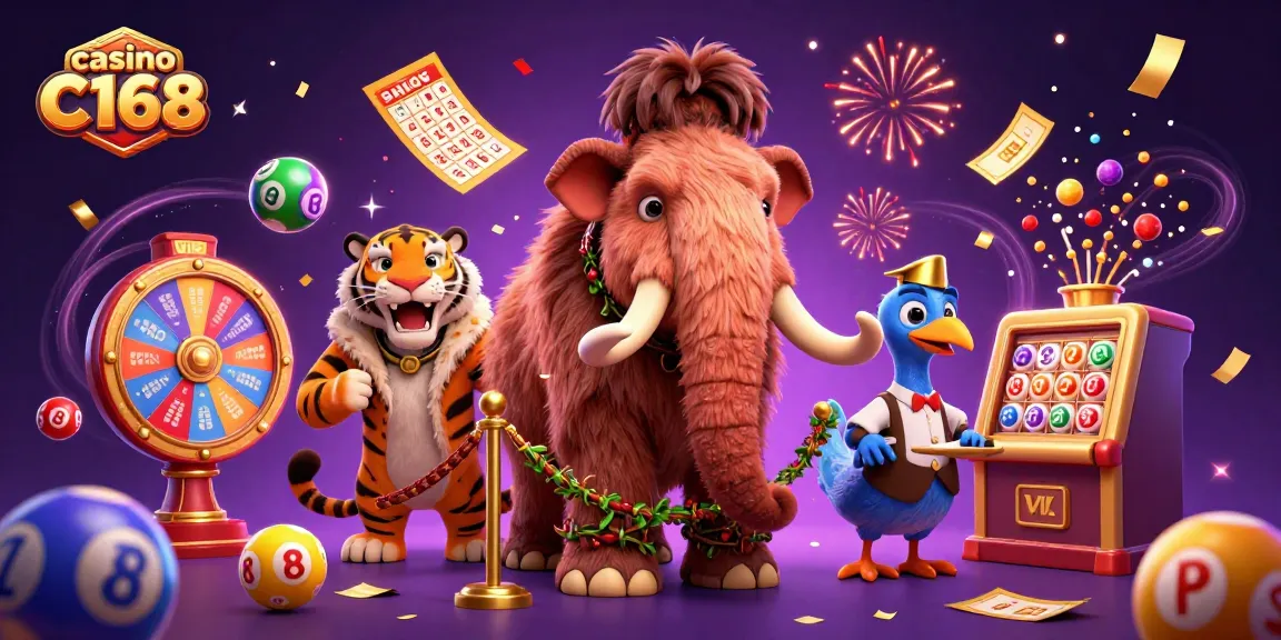 Join the festive atmosphere with casino C168, featuring vibrant lottery games and energetic characters.