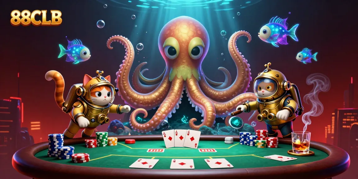 Engage in thrilling bets at 88CLB with a dynamic scene of a kraken, diving cat, and poker elements.