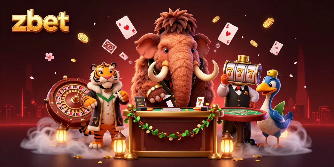 Zbet welcomes players with a lively casino scene featuring a woolly mammoth, saber-tooth tiger, and dodo bird.