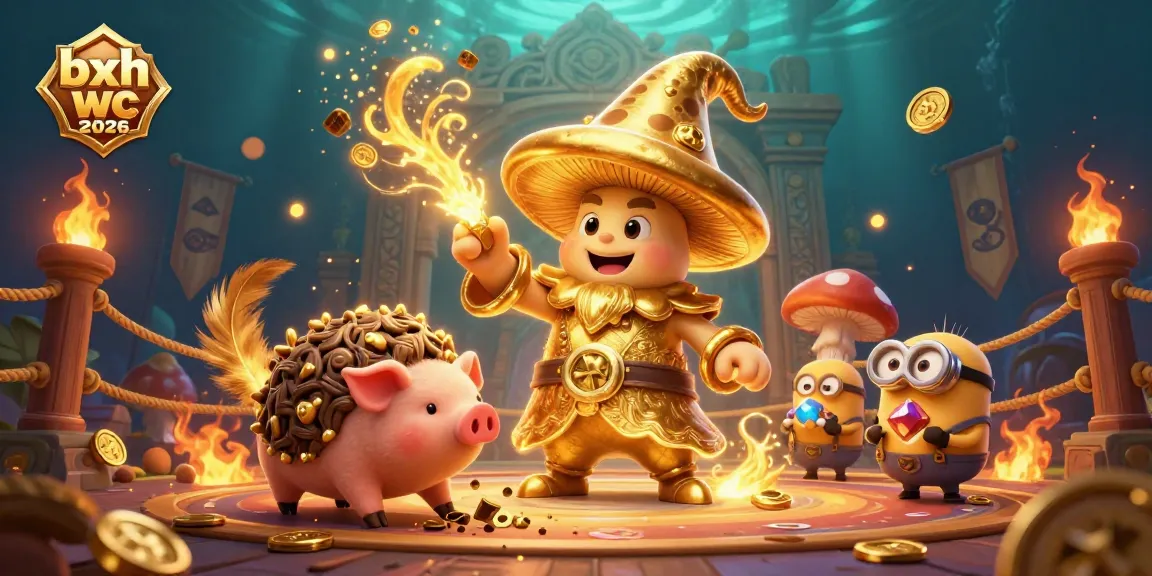 Engaging scene depicting bxh wc 2026 with a golden mushroom wizard, truffle pig, and treasure-hunting minions in a magical casino arena.