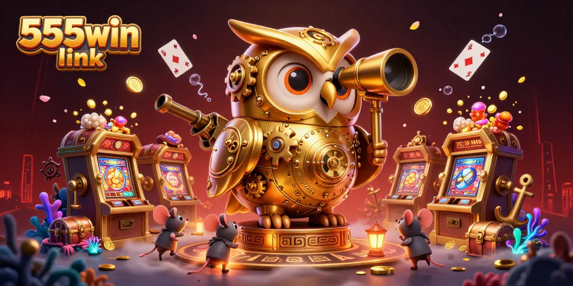 Engage with the vibrant allure of the 555win link casino scene featuring a golden owl and playful patrons.