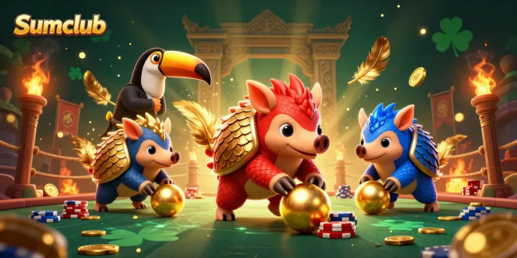 Experience the thrill at Sumclub with rival pangolins rolling through poker chips in a vibrant casino setting.