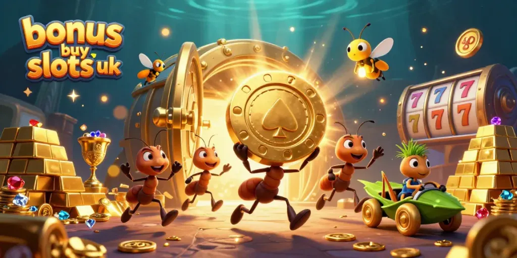 Experience the thrill of bonus buy slots UK in this vibrant casino heist scene with playful characters and exciting elements.