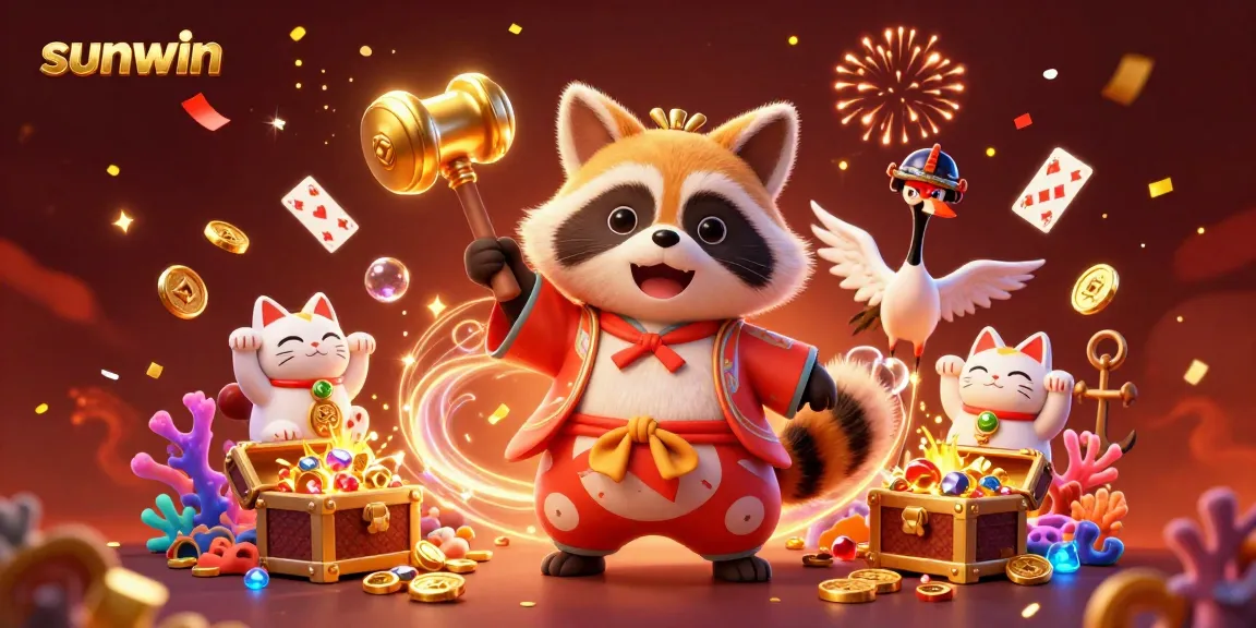Win with sunwin in this vibrant 3D casino scene featuring a lucky tanuki and festive elements.