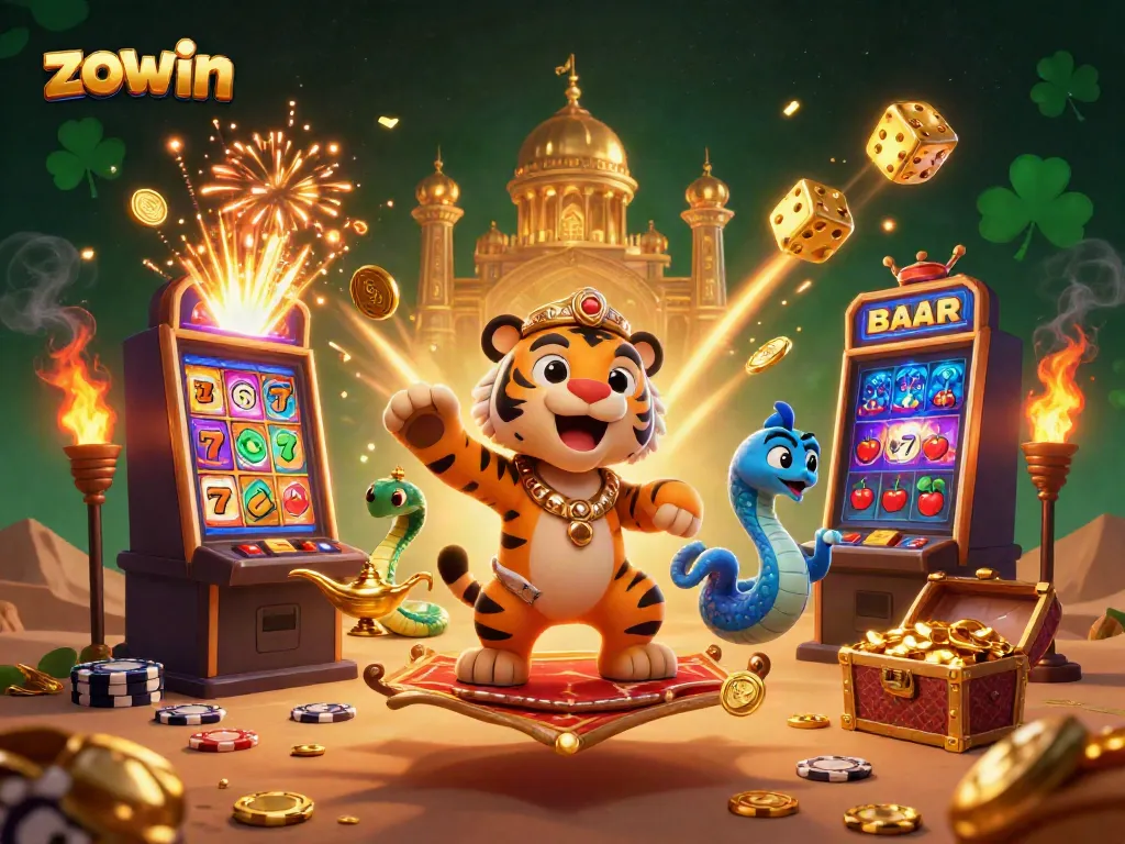 Experience the thrill of winning with Zowin's vibrant jackpot scene featuring cartoon characters and dynamic casino elements.