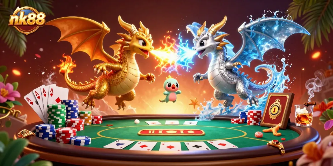 Experience high stakes with nk88 where dragons battle amidst poker chips and vibrant casino elements.
