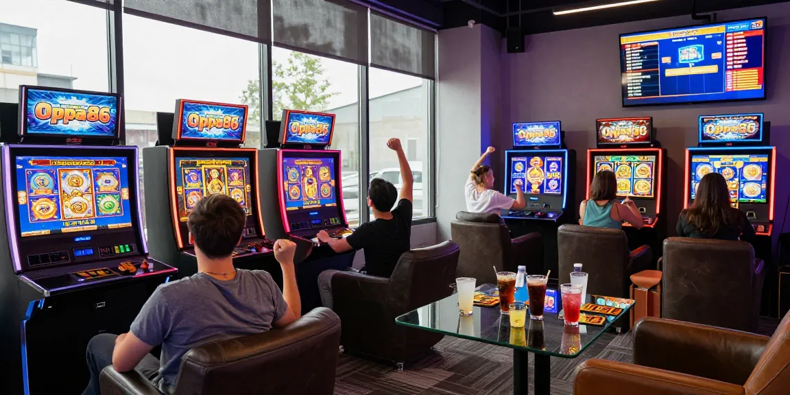 Exciting gaming atmosphere at Oppa86 link, friends engaging with premium slot machines and vibrant lighting.