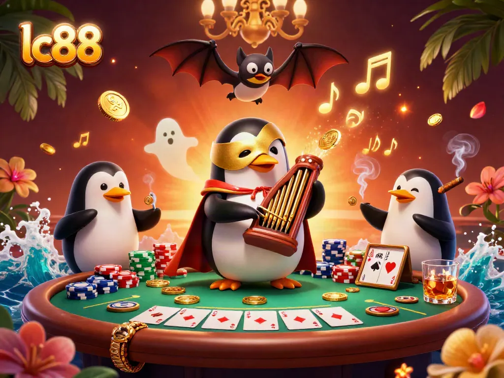 Experience the excitement of lc88 with a vibrant casino scene featuring a cartoon penguin and dynamic game elements.