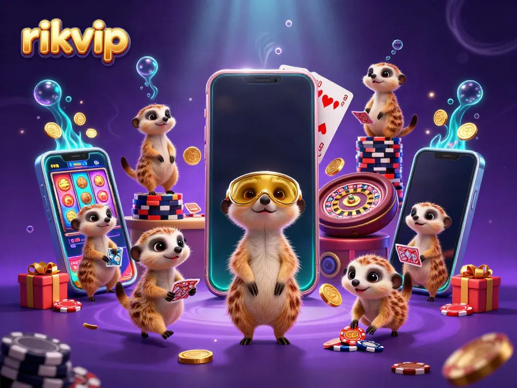 Engaging meerkats manage a vibrant casino scene featuring rikvip logo with spinning slots and colorful games