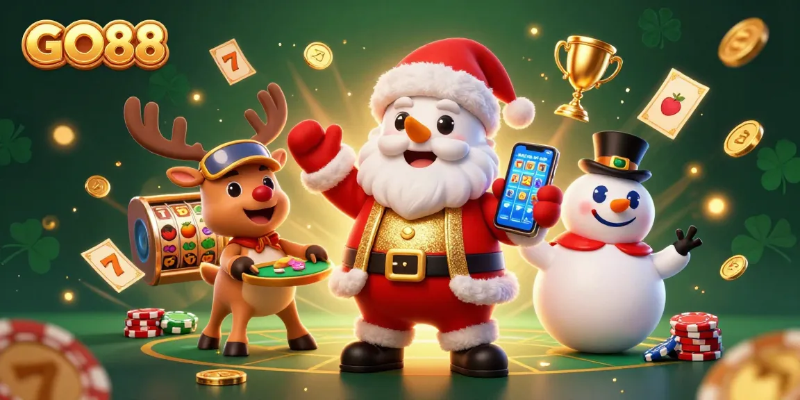 GO88 Santa celebrating wins with jackpot slots, fruit symbols, and festive characters in a vibrant casino.