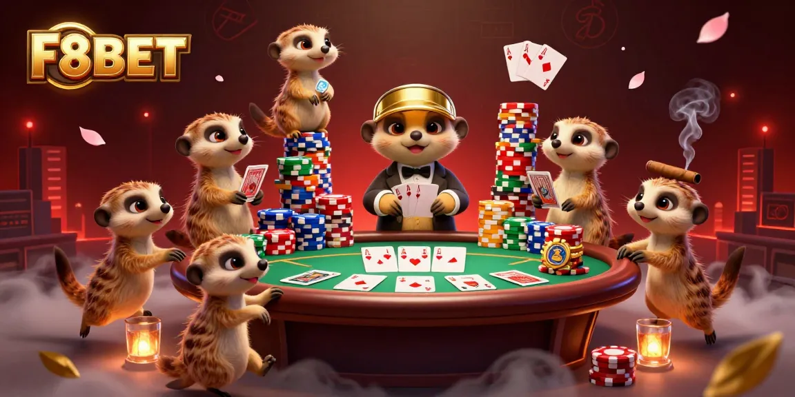 F8BET meerkats cleverly managing a vibrant casino scene with poker elements and colorful chips.