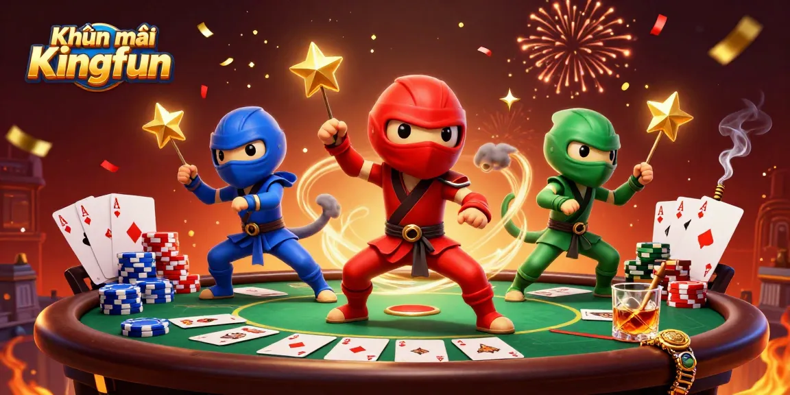 Join the action with Khuyến mãi Kingfun, showcasing vibrant casino elements and energetic chameleon ninjas.