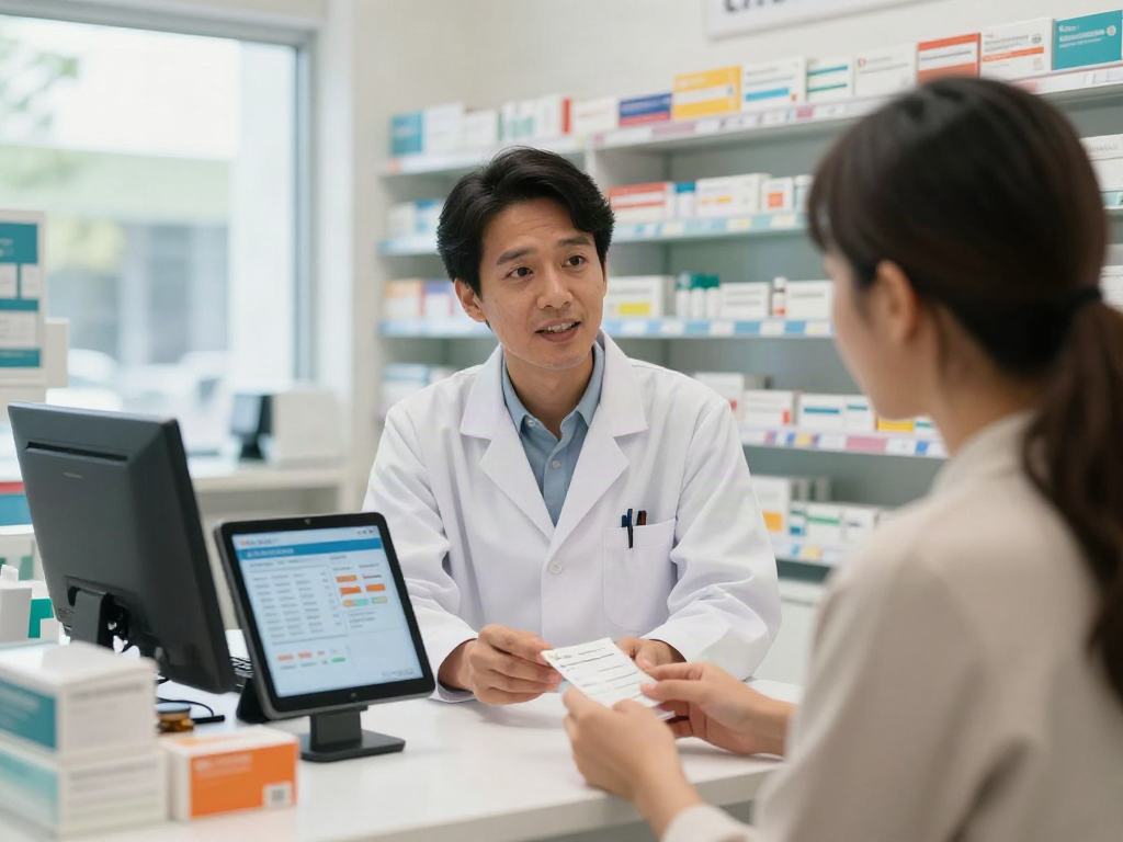 Assistant pharmacist in UAE consulting patient with medication.
