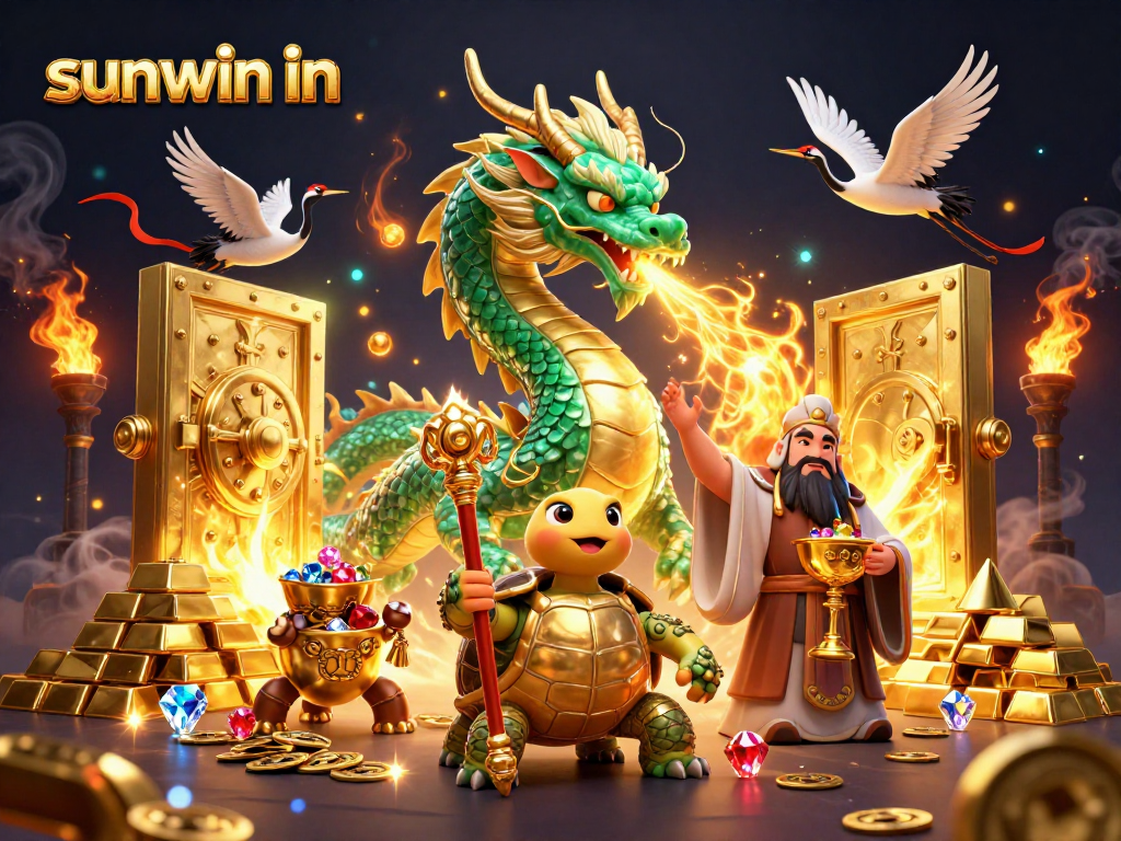 Engage with sunwin in while exploring a vibrant, animated casino realm featuring a majestic jade dragon and treasures.
