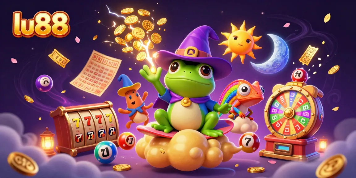 lu88 captures excitement with colorful coins raining over magical characters in a vibrant casino scene