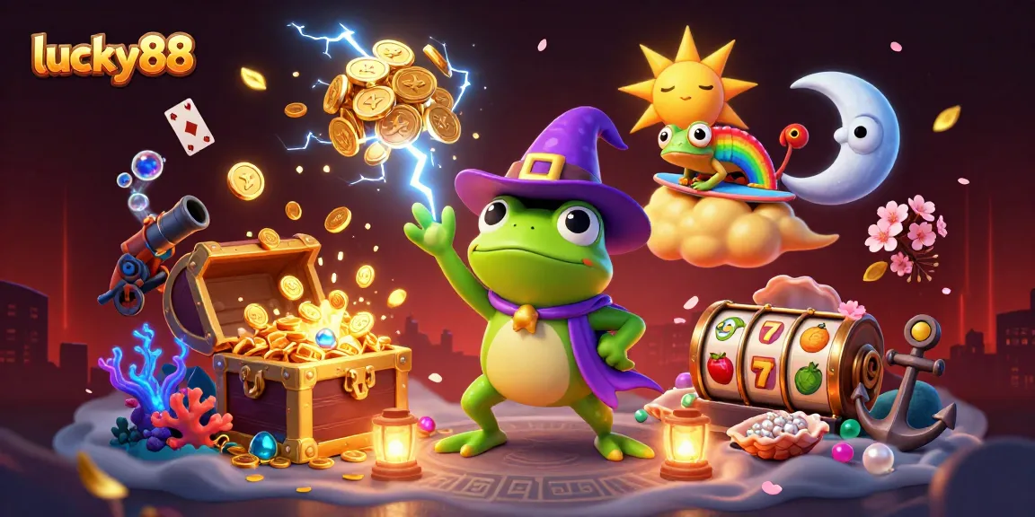 Spin reels with lucky88's iconic frog and chameleon in a vibrant casino scene, featuring gold coins and slot symbols.