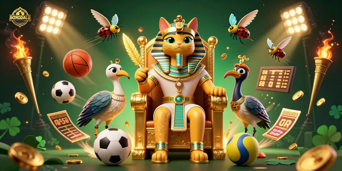 BONGDALU sports betting scene with a cartoon Egyptian pharaoh cat and ibis scribe surrounded by dynamic sports elements.