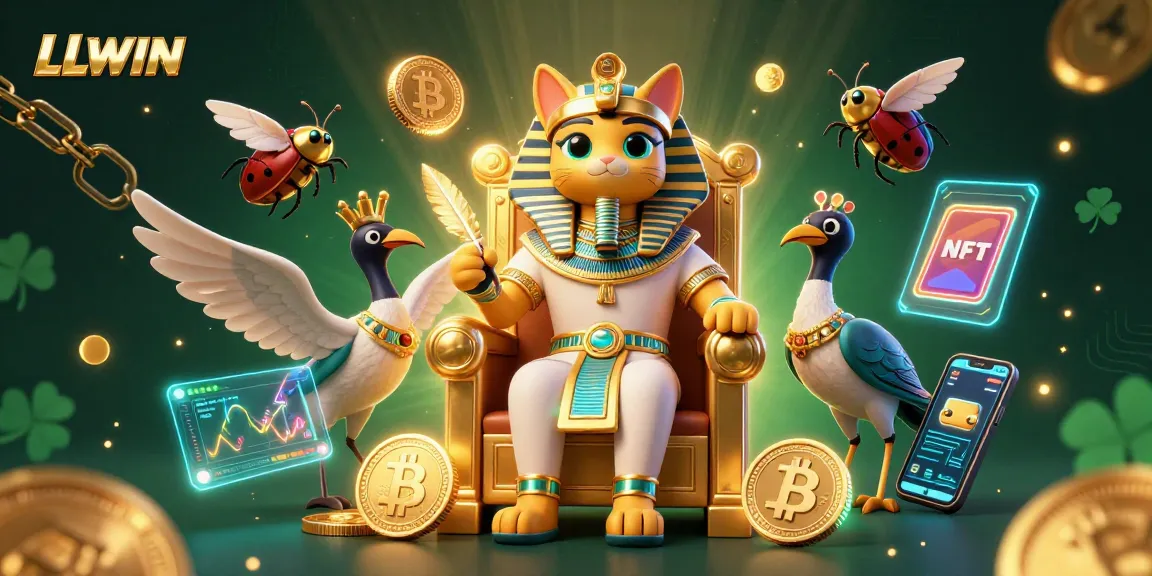 LLWIN showcases a dynamic 3D scene of cartoon characters amidst crypto coins, emphasizing thrilling gaming action.