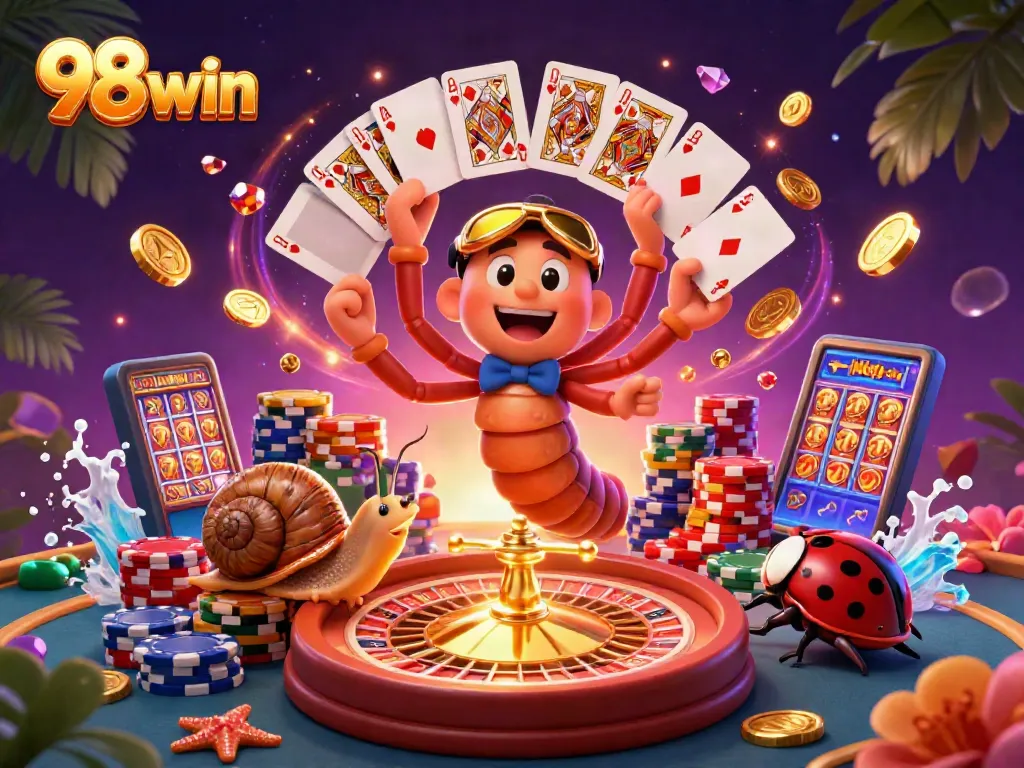 Experience the thrill of 98win with a vibrant 3D casino scene featuring dynamic characters and gameplay.