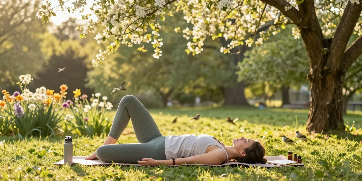 Individual practicing yoga in a peaceful park to ridurre lo stress, surrounded by nature and serenity.