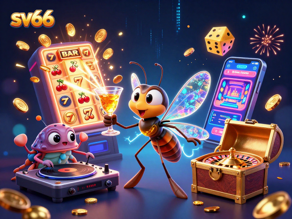 Experience the excitement of sv66 with a lively 3D casino scene featuring unique characters and dynamic gaming elements.